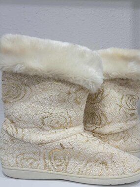 Joan Boyce Faux Fur House Slipper Bootie Boots Gold Sequin Rose Womens XL 11 12